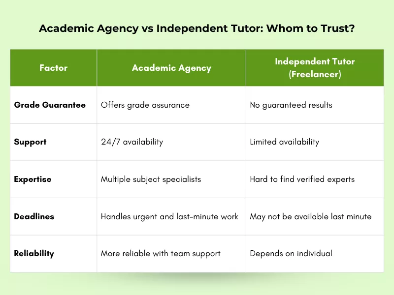 Freelancer vs agency for online class help comparison table with key factors explained